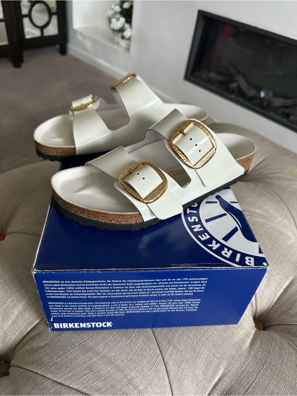 Birkenstock White Double-Strap Sandals with Gold Buckles - Picture 2 of 5